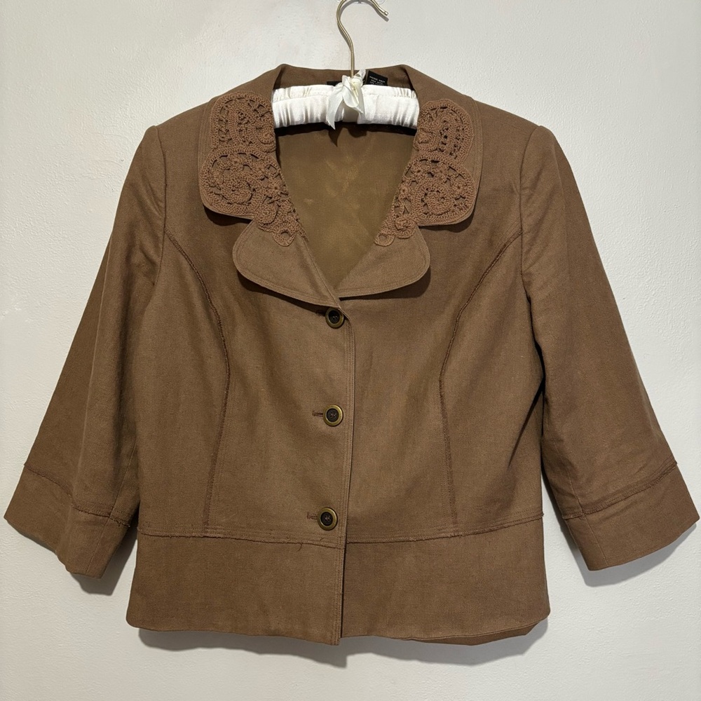 Field Manor Cropped Linen Blazer Suit Jacket Size Large Crochet Lace Trim Button - Picture 6 of 9